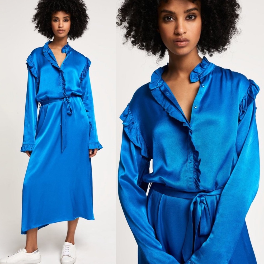 CLOSED Everly Blue Ruffle Midi Dress Womens Size Small Garmentory Button Front S